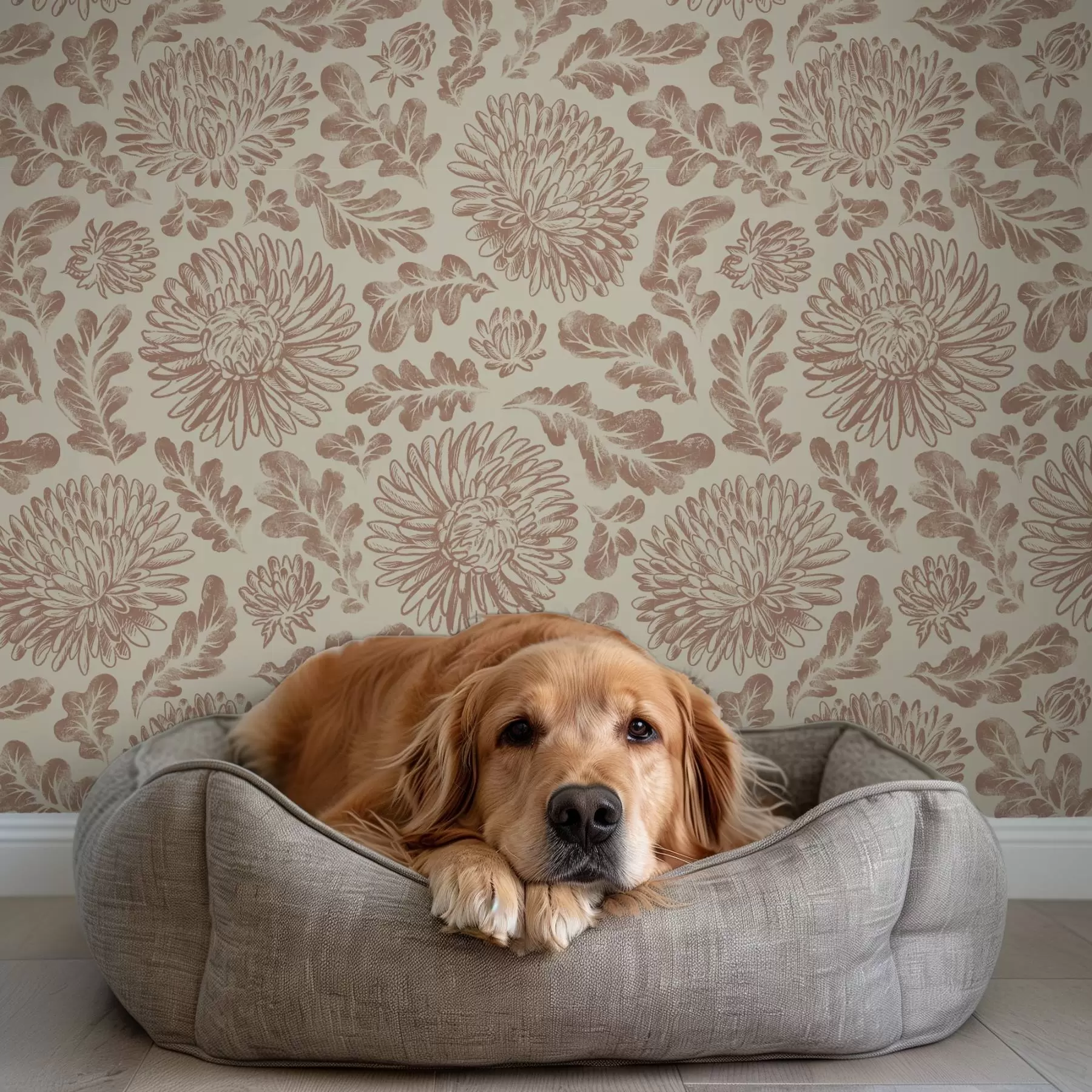 Fototapet Chryzantémy a dubové listy v jemné béžově hnědé barvě a00840