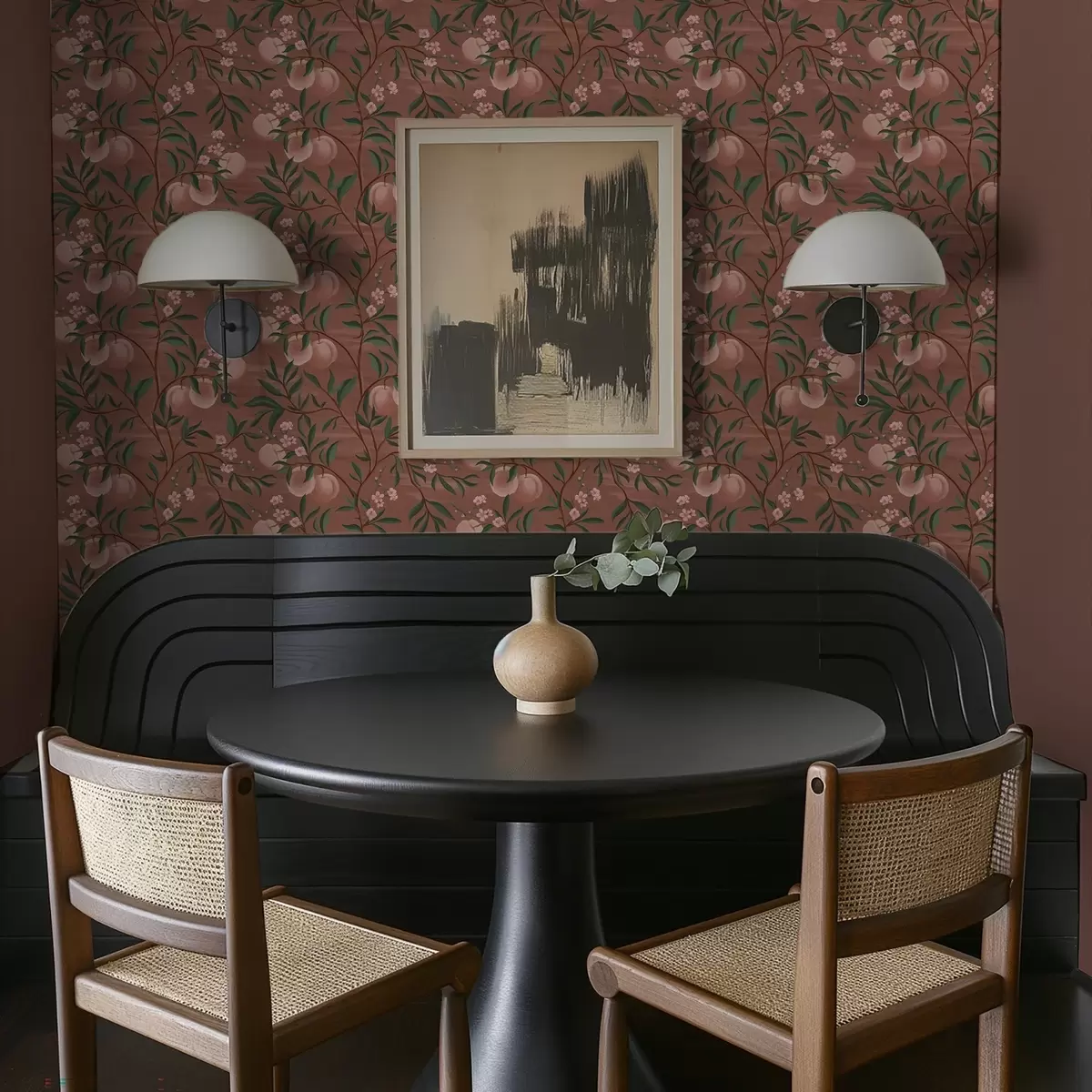 Tapety Broskve na větvích s růžovými květy, terakotová půda a00856