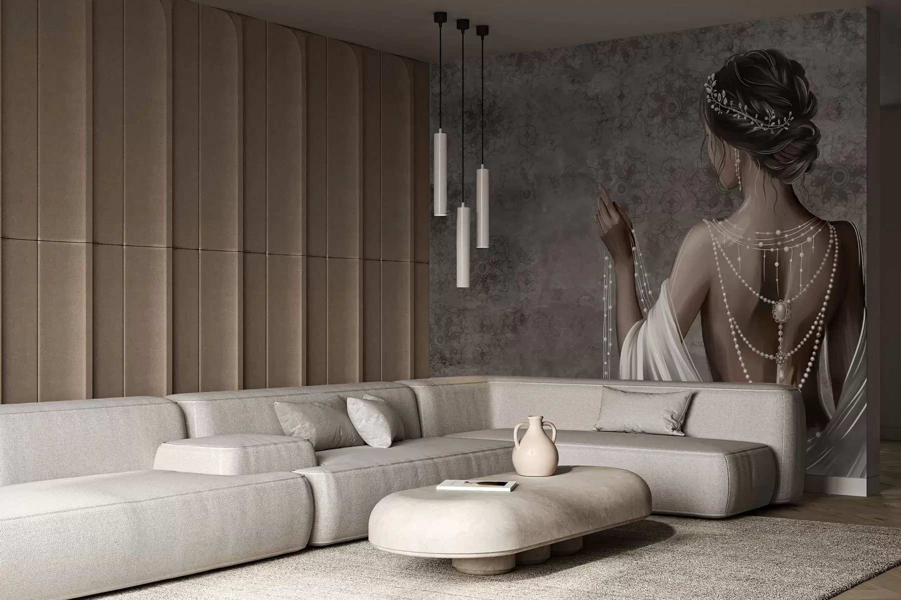 Fototapet Žena viděná zezadu s perlami, šedé pozadí s kamenným vzorem w04854