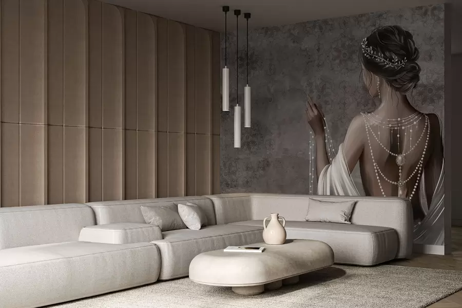 Fototapet Žena viděná zezadu s perlami, šedé pozadí s kamenným vzorem w04854