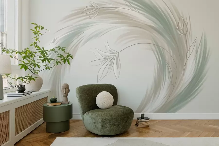 Fototapet zelená a béžová peříčka a květiny, ručně malované w04816