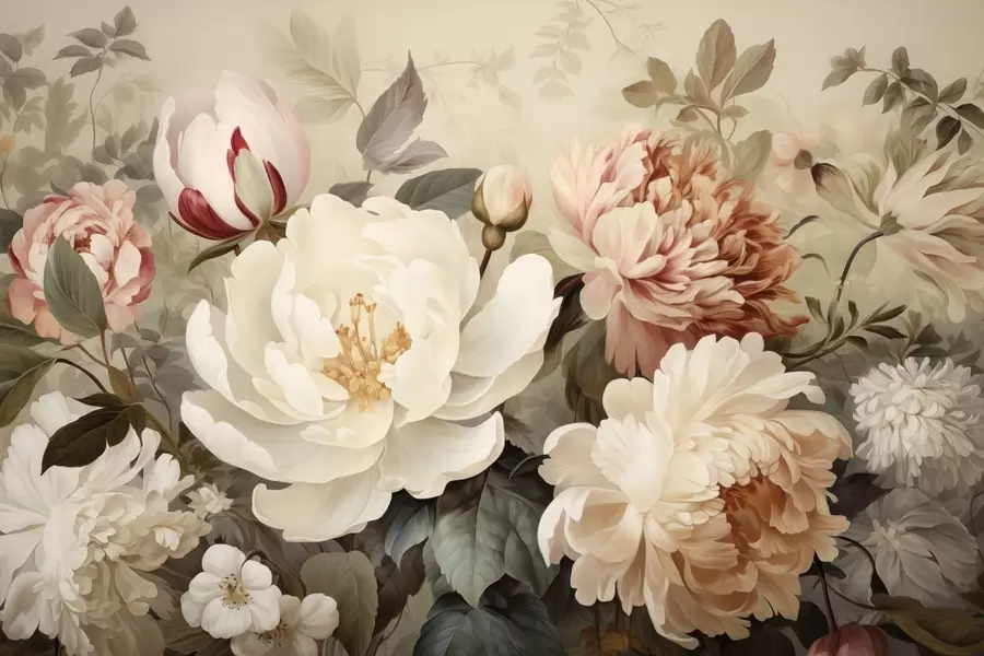 Fototapet Jemné pivoňky a chryzantémy v pastelových odstínech w09350