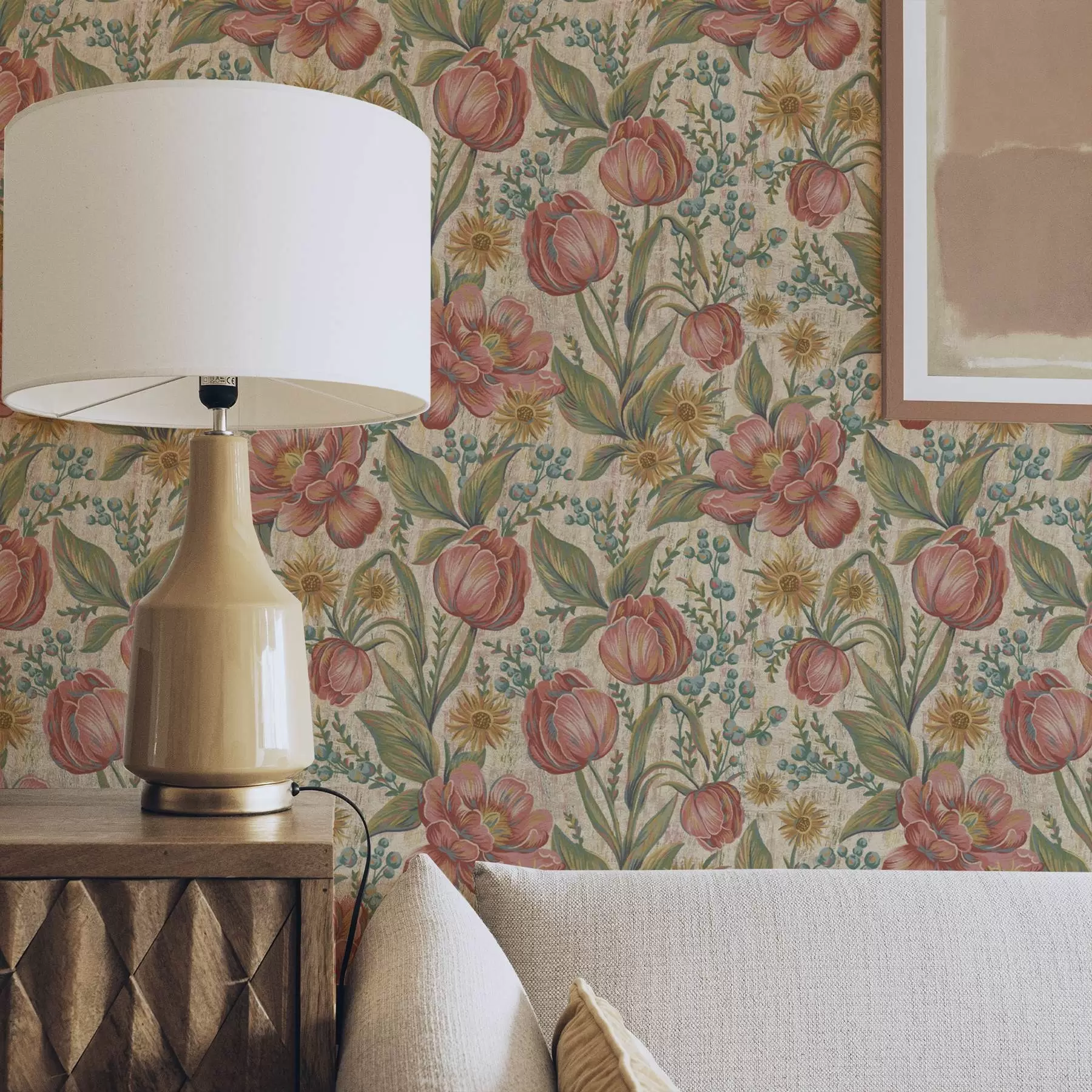 Fototapet Vintage tulipány a astry, texturovaný krémový podklad a00773