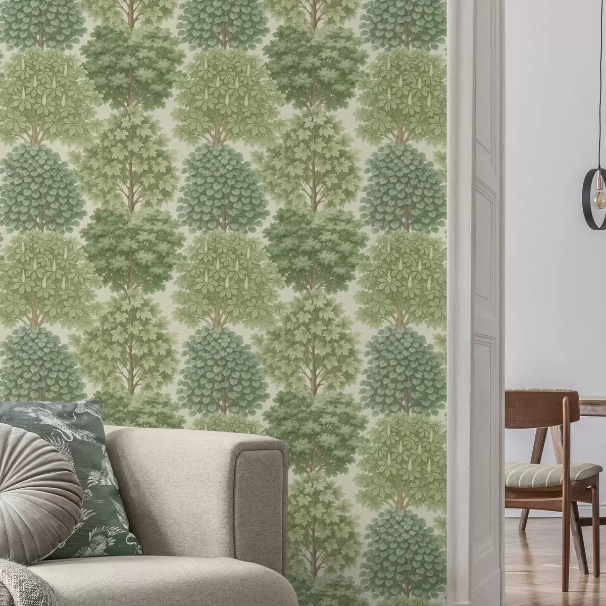 Tapety Stromová zahrada v jemných zelených odstínech na světlém pozadí a00775