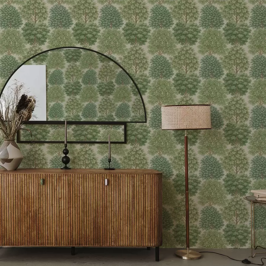 Fototapet Stromová zahrada v jemných zelených odstínech na světlém pozadí a00775