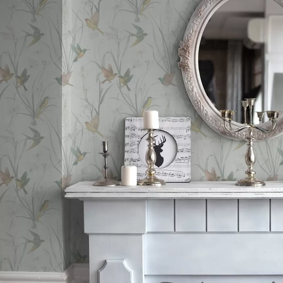 Fototapet Ptáci mezi travami na louce na světle šedém pozadí a00776v1