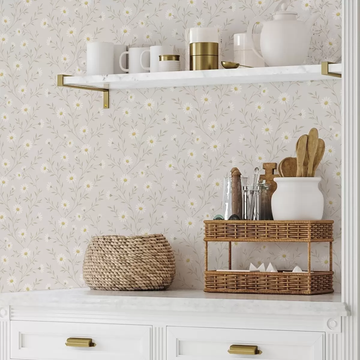 Tapety Malé sedmikrásky na větvičkách, teplá béžová a00777