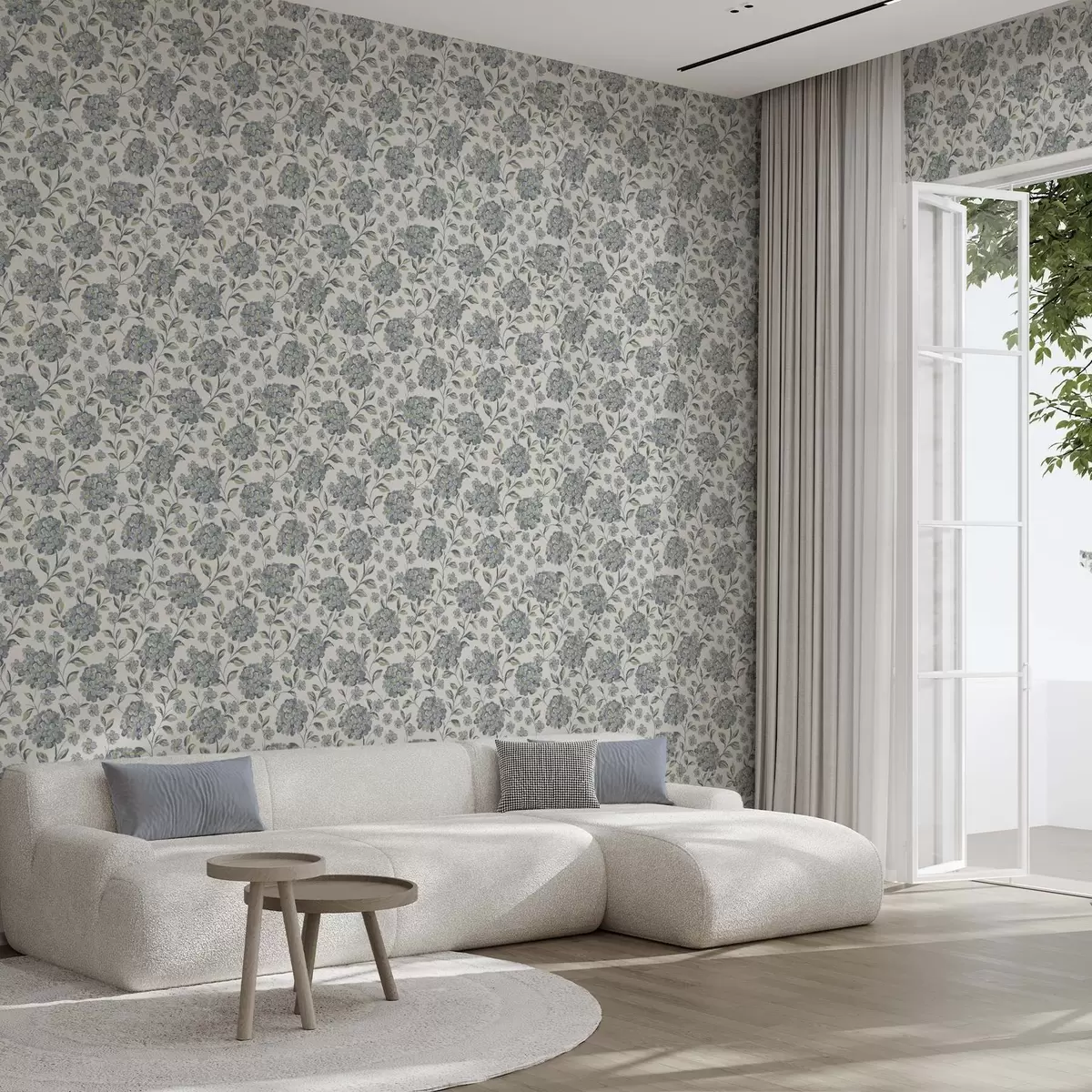 Tapety Husté květy a listy v šedomodré paletě a00778