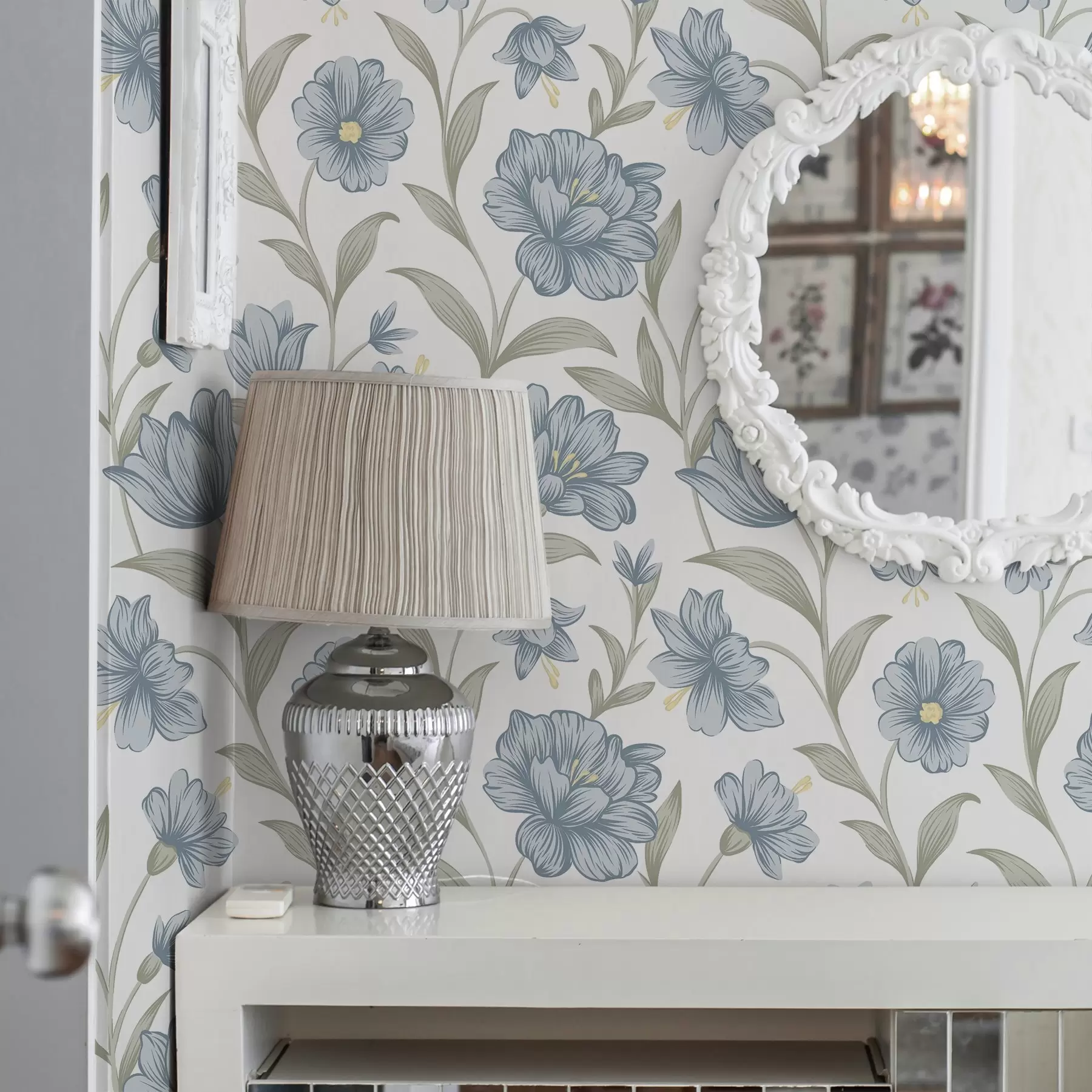 Fototapet Zaprášené modré květy s olivovými listy na bílém pozadí a00780