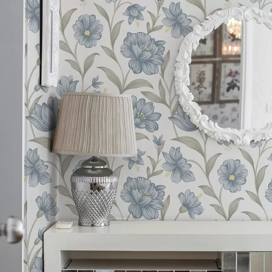 Fototapet Zaprášené modré květy s olivovými listy na bílém pozadí a00780