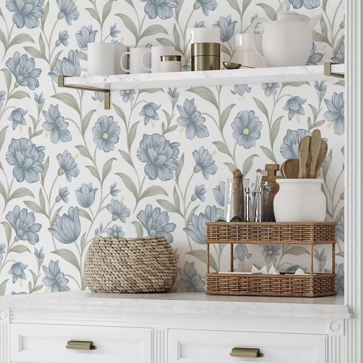 Tapety Zaprášené modré květy s olivovými listy na bílém pozadí a00780