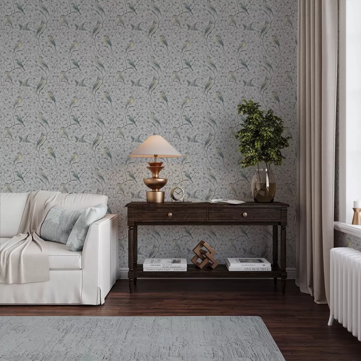 Tapety Ptáci na větvích, šedo-modrá barevná kombinace a00782