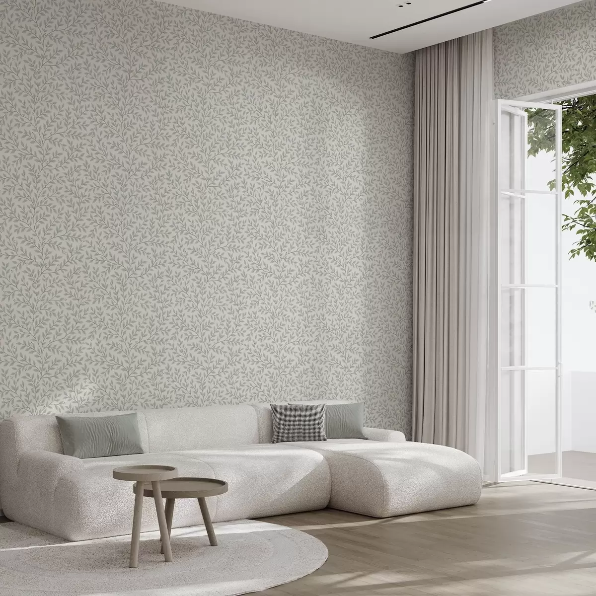 Tapety Větve s listy a bobulemi, světle krémová a šalvějová a00783