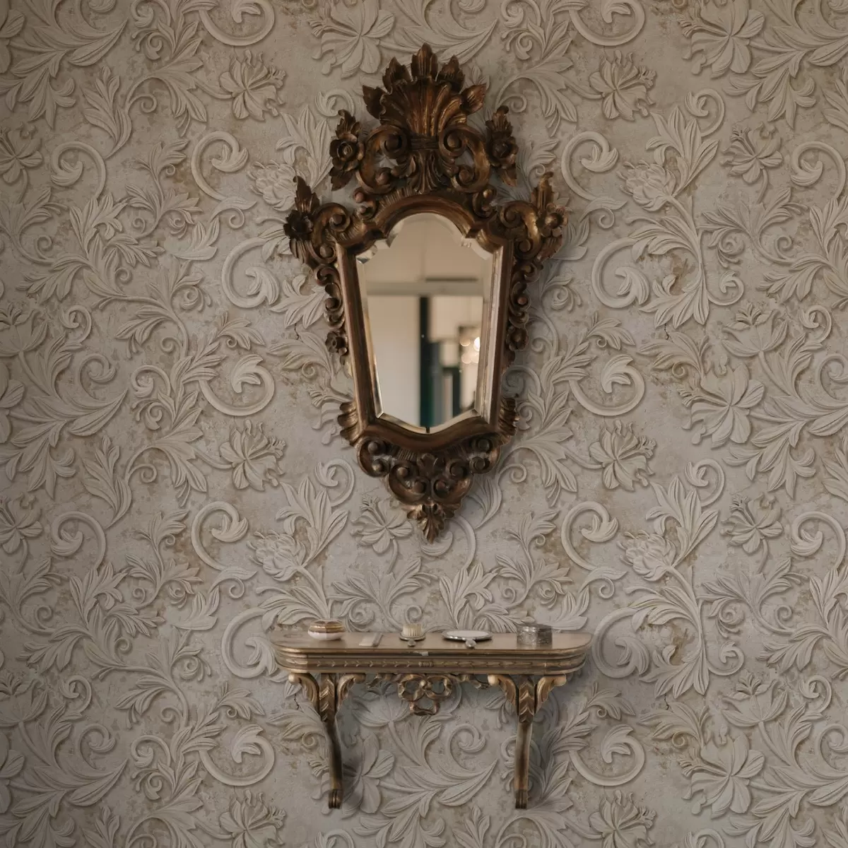 Tapety Kamenný reliéf s květinovými ornamenty, vintage béžová barva a00784