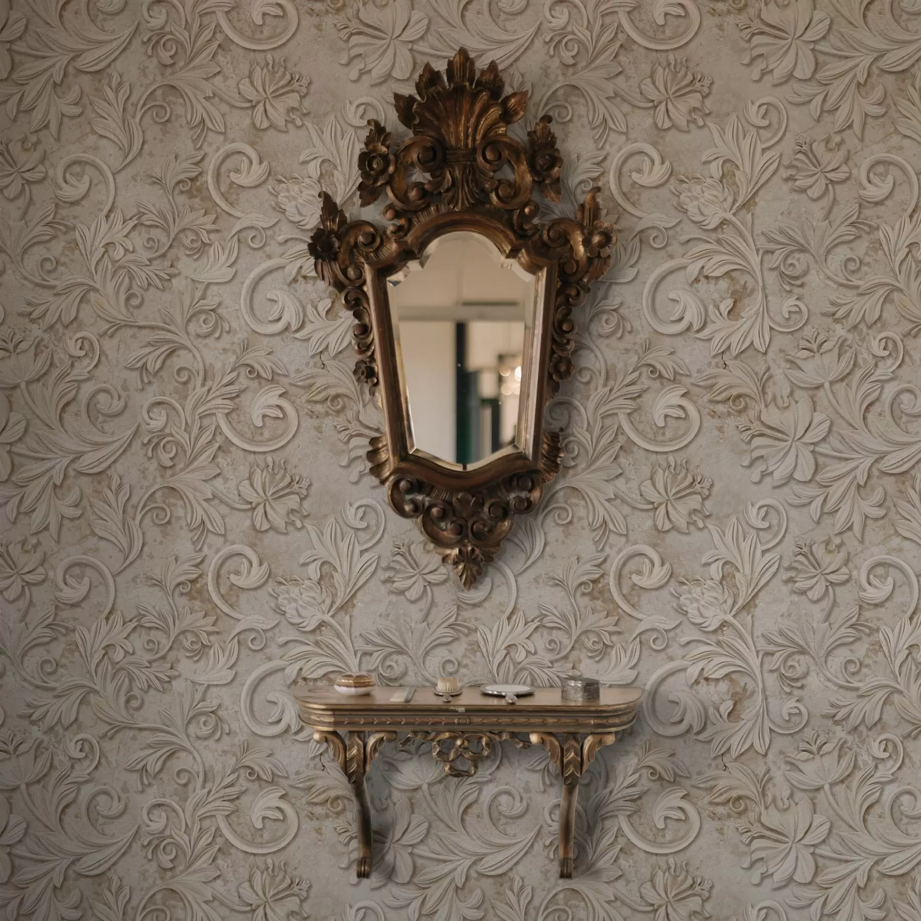 Fototapet Kamenný reliéf s květinovými ornamenty, vintage béžová barva a00784