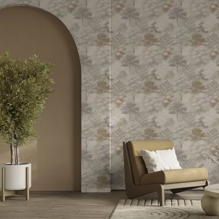 Fototapet Jemný les v mlze, měkké béžovo-šedé tóny a00785