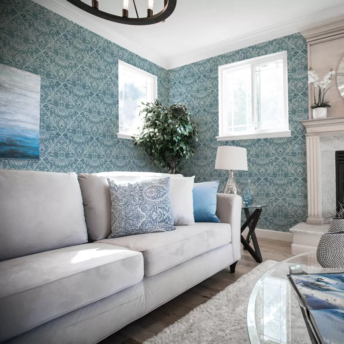 Tapety Klasický damašek, tmavě modrý na světle modrém pozadí a00826