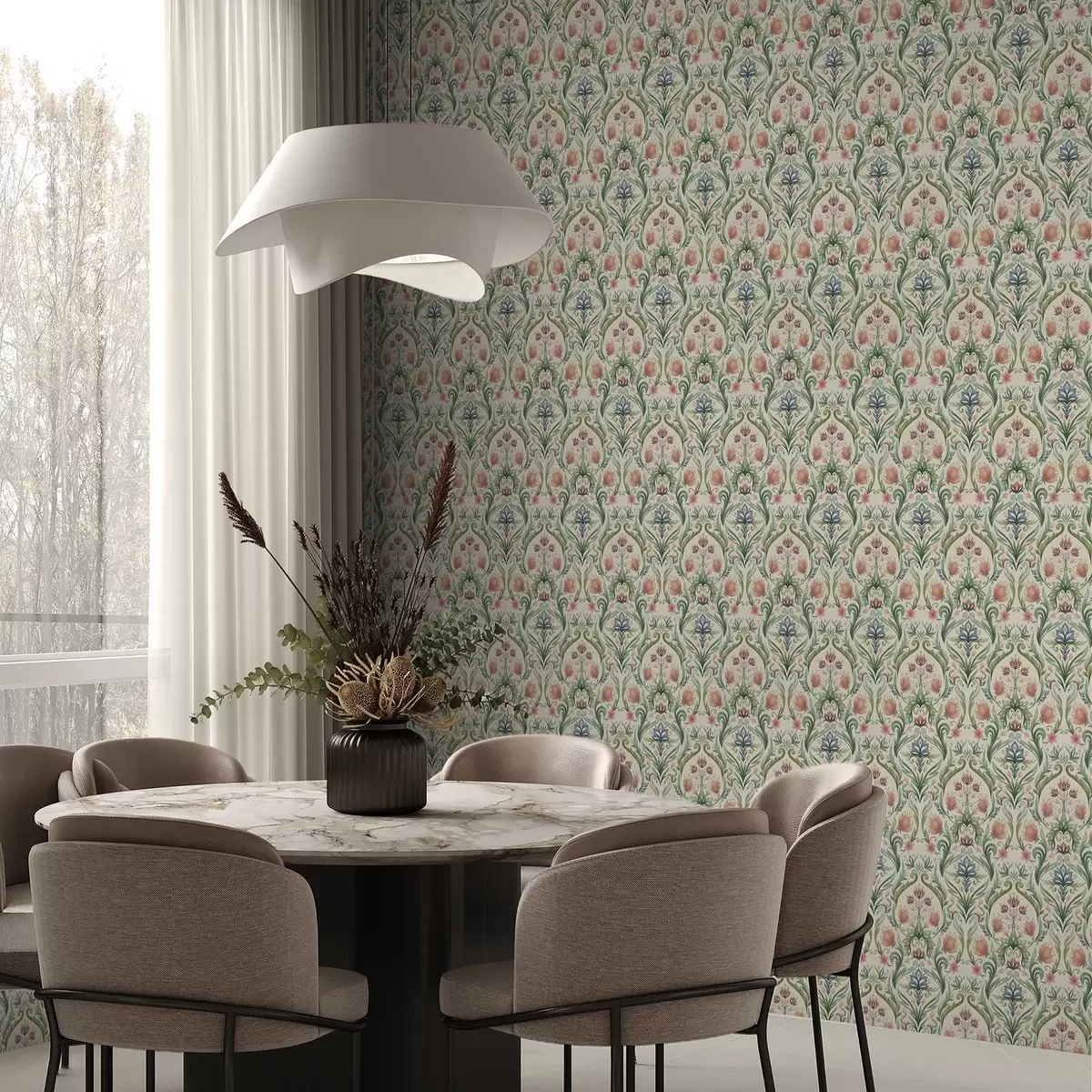 Tapety Symetrický květinový ornament, terakota a zelená a00827