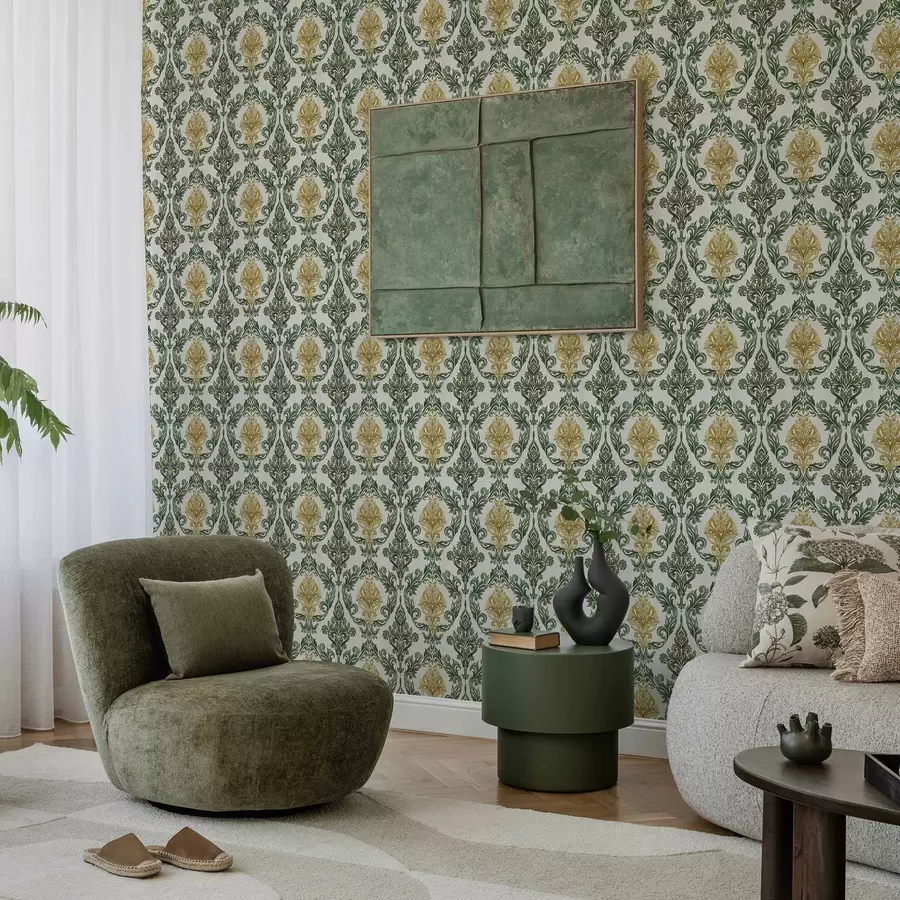 Fototapet Damašek se zelenými spirálami na světlém pozadí a00828v1