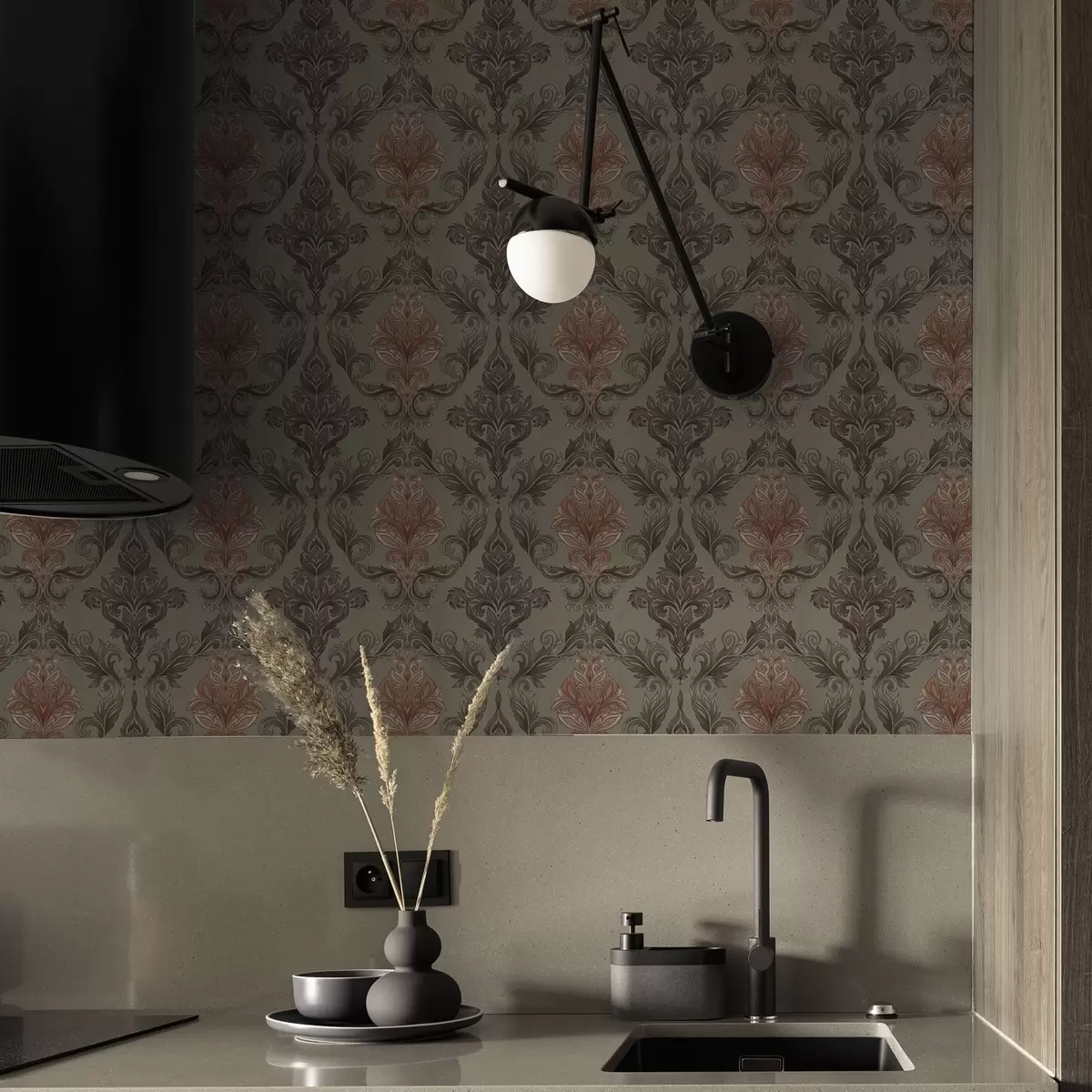 Tapety Terakotový damašek na tlumeném olivovém podkladu a00828v3