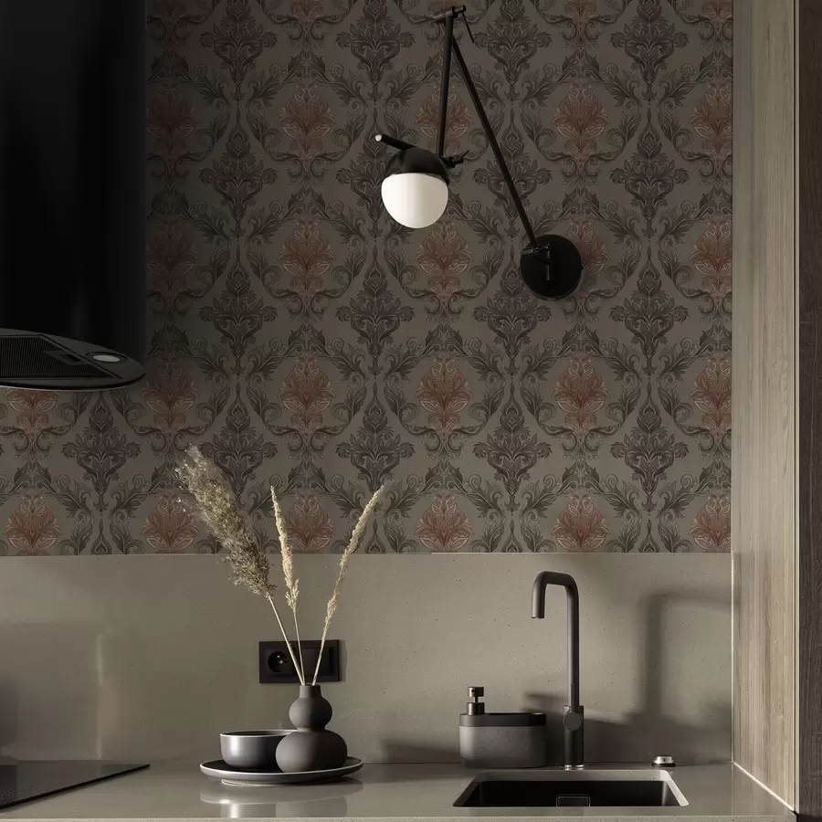 Fototapet Terakotový damašek na tlumeném olivovém podkladu a00828v3