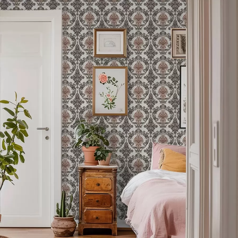 Fototapet Damašek s měděně hnědými akcenty na světlém podkladu a00828v4