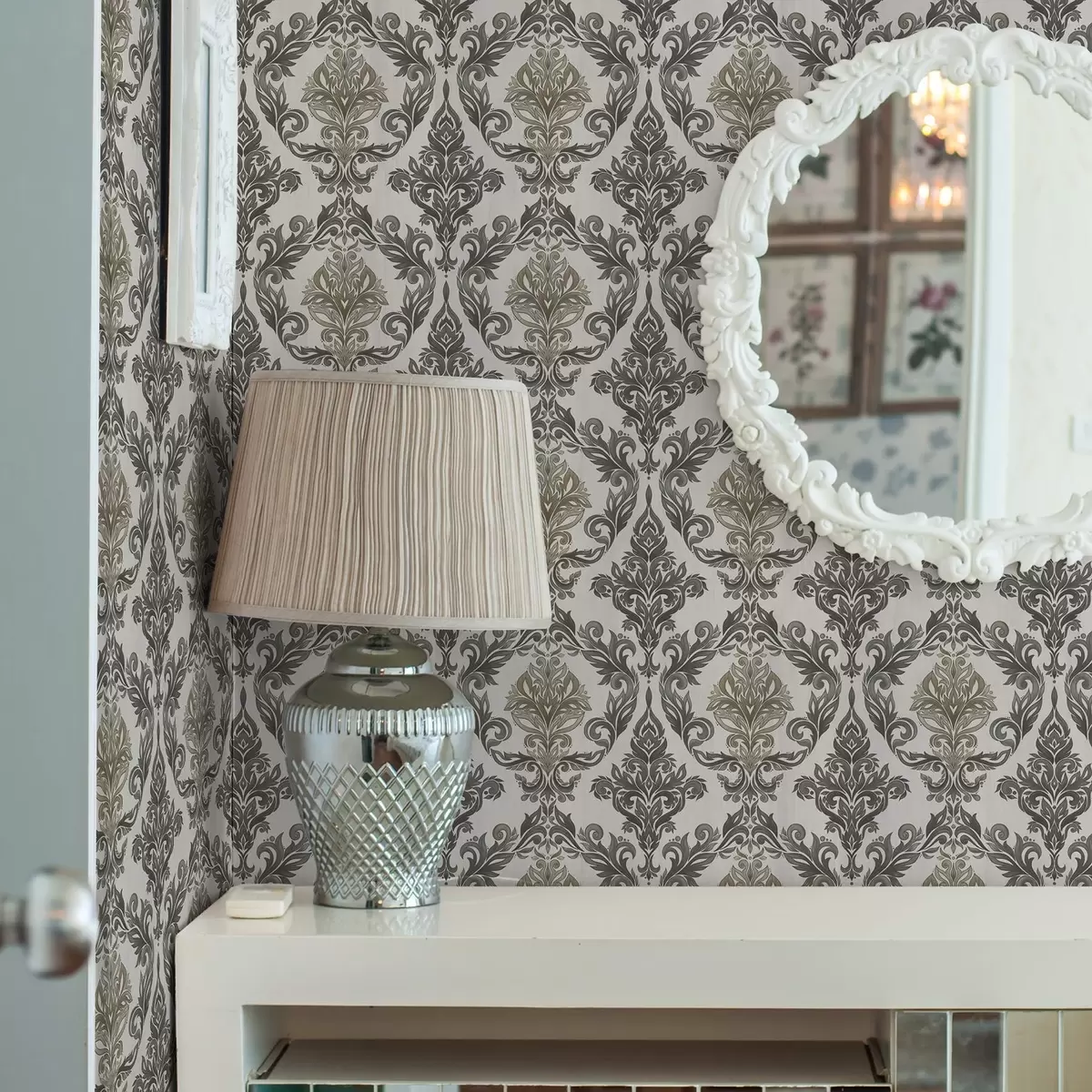 Tapety Damašek na světlém podkladu, olivově bronzové akcenty a00828v6