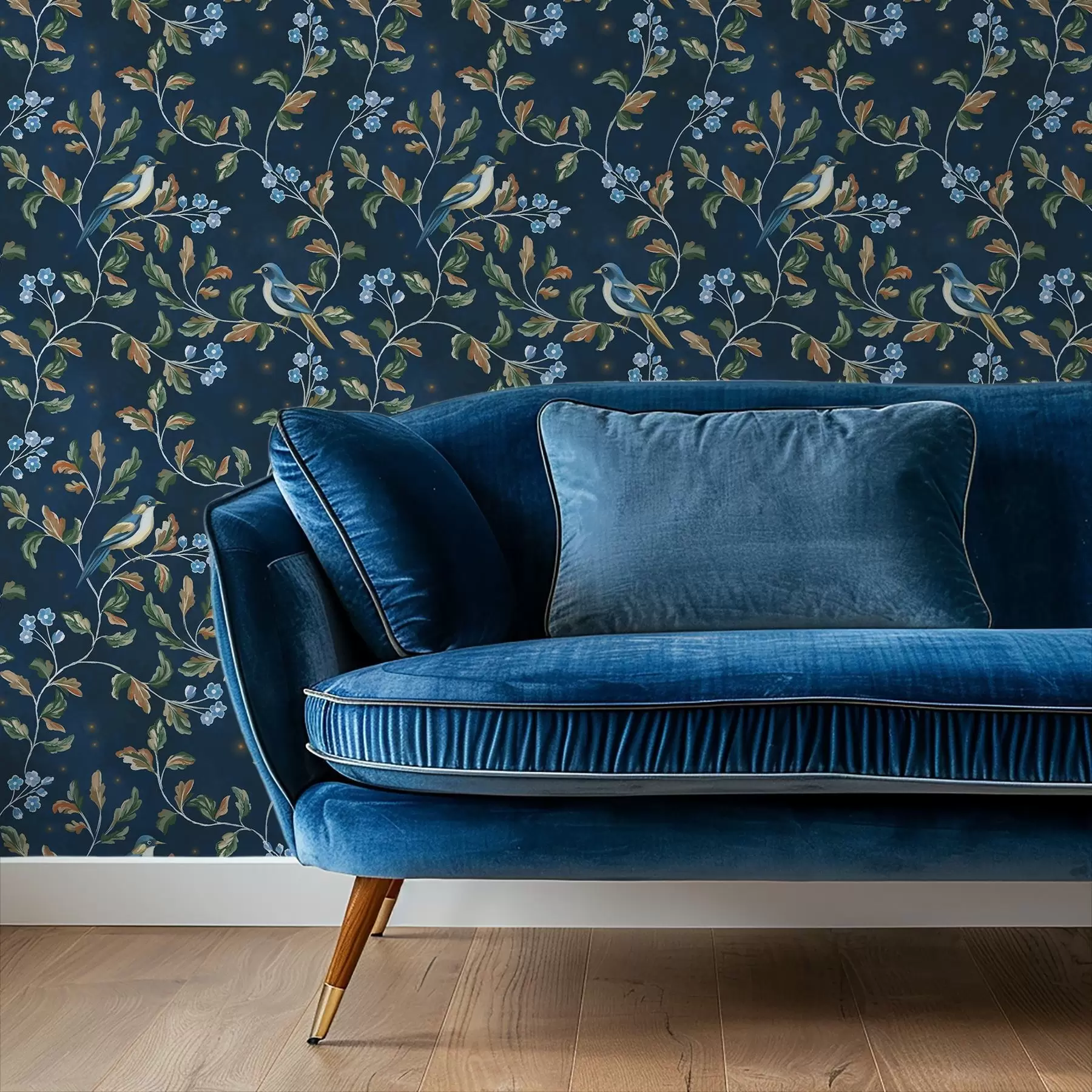 Fototapet Prsa na větvích, noční modré pozadí s jiskrami a00858