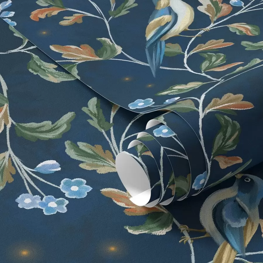 Fototapet Prsa na větvích, noční modré pozadí s jiskrami a00858