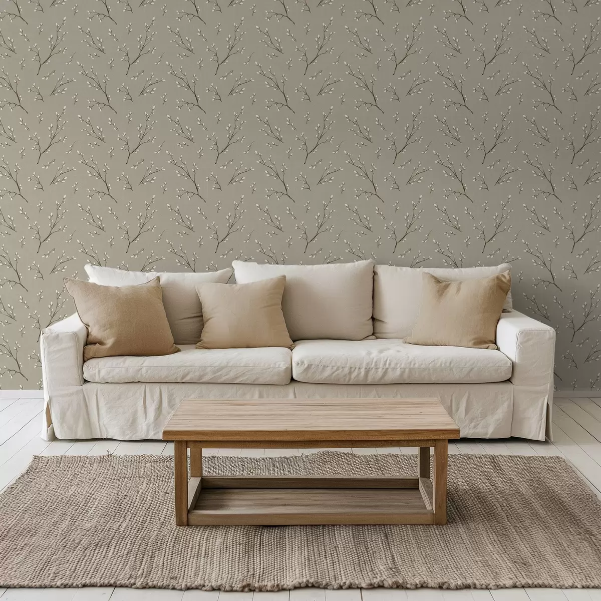 Tapety Větvičky s bílými pupeny na lněném taupe pozadí a00861