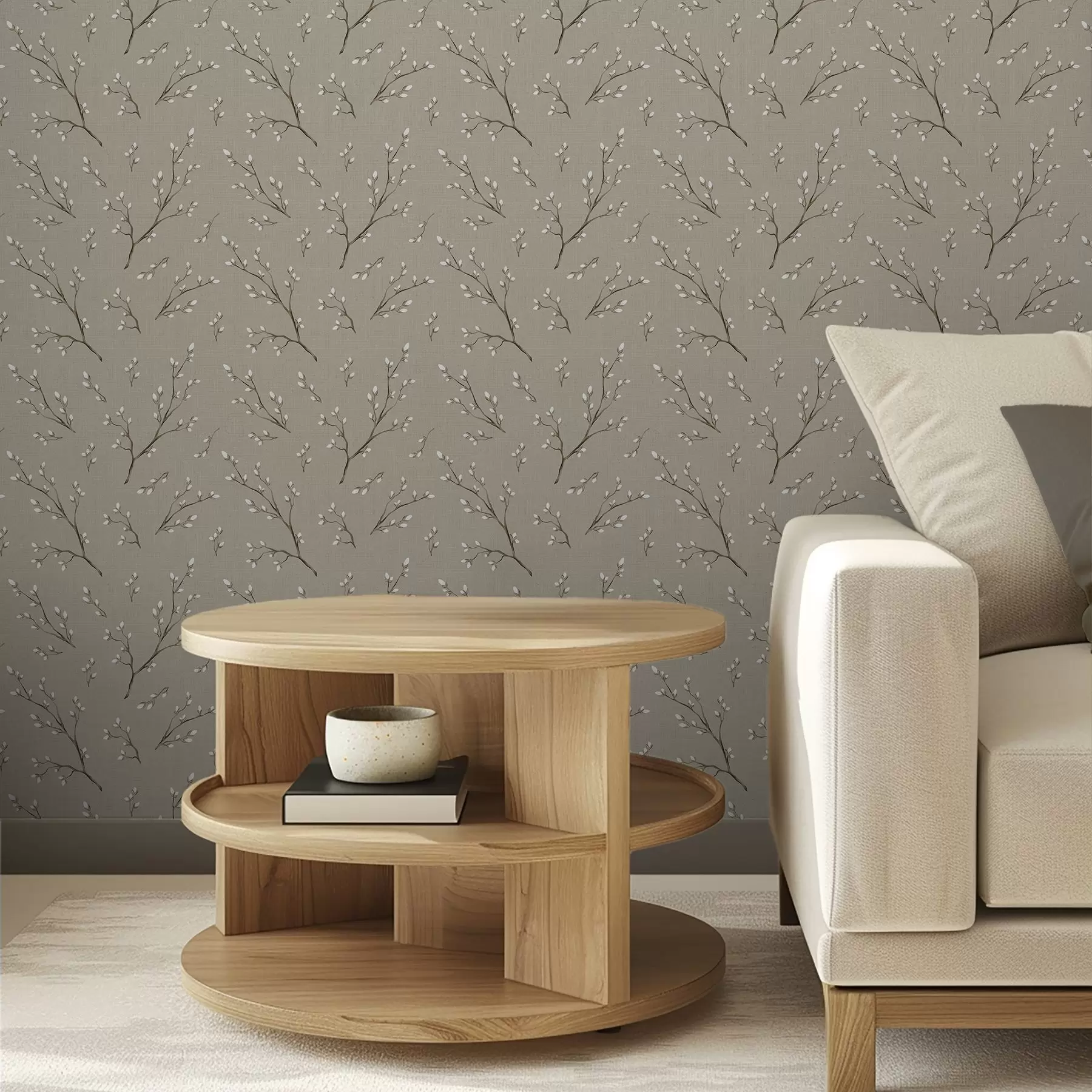 Fototapet Větvičky s bílými pupeny na lněném taupe pozadí a00861