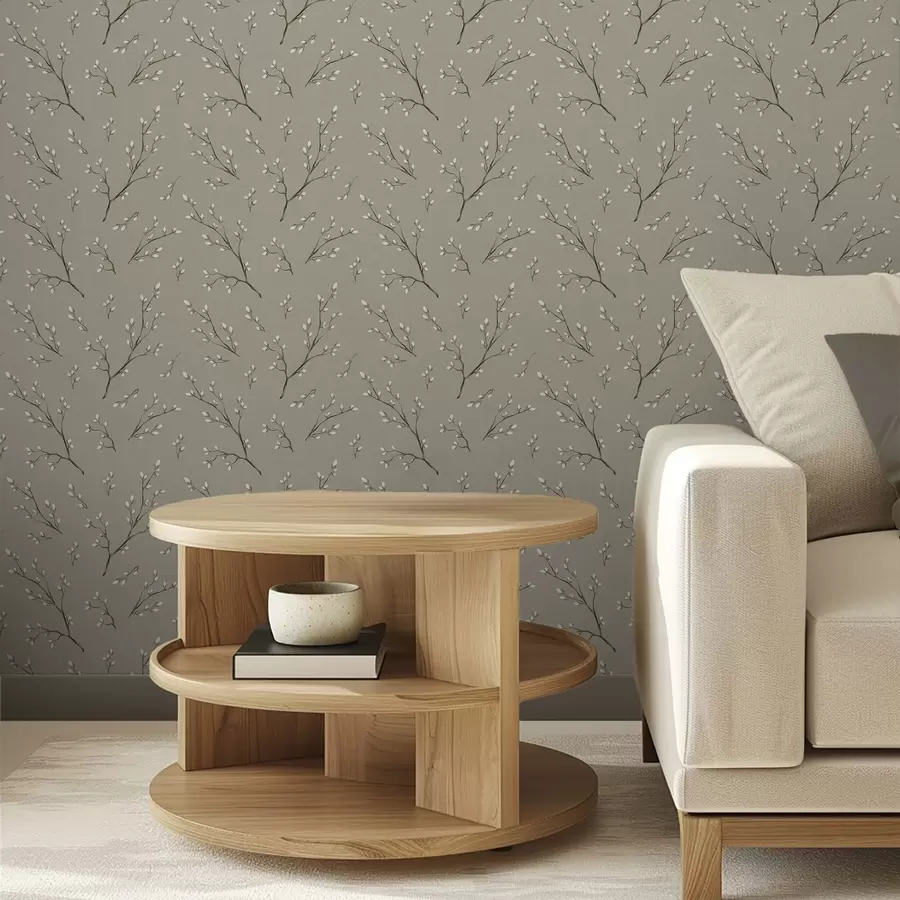 Fototapet Větvičky s bílými pupeny na lněném taupe pozadí a00861