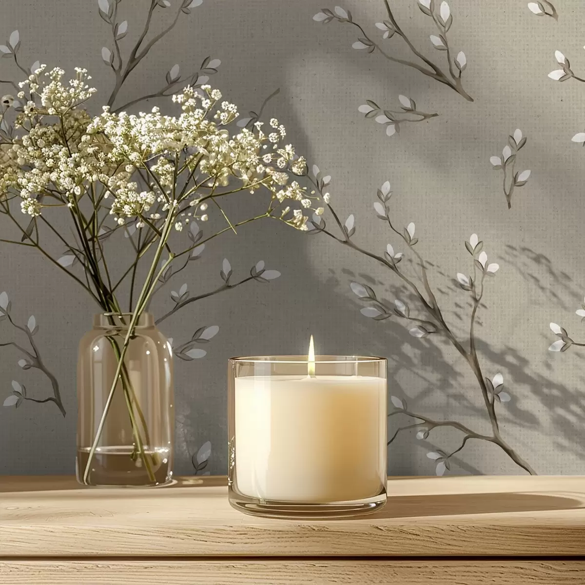 Tapety Větvičky s bílými pupeny na lněném taupe pozadí a00861