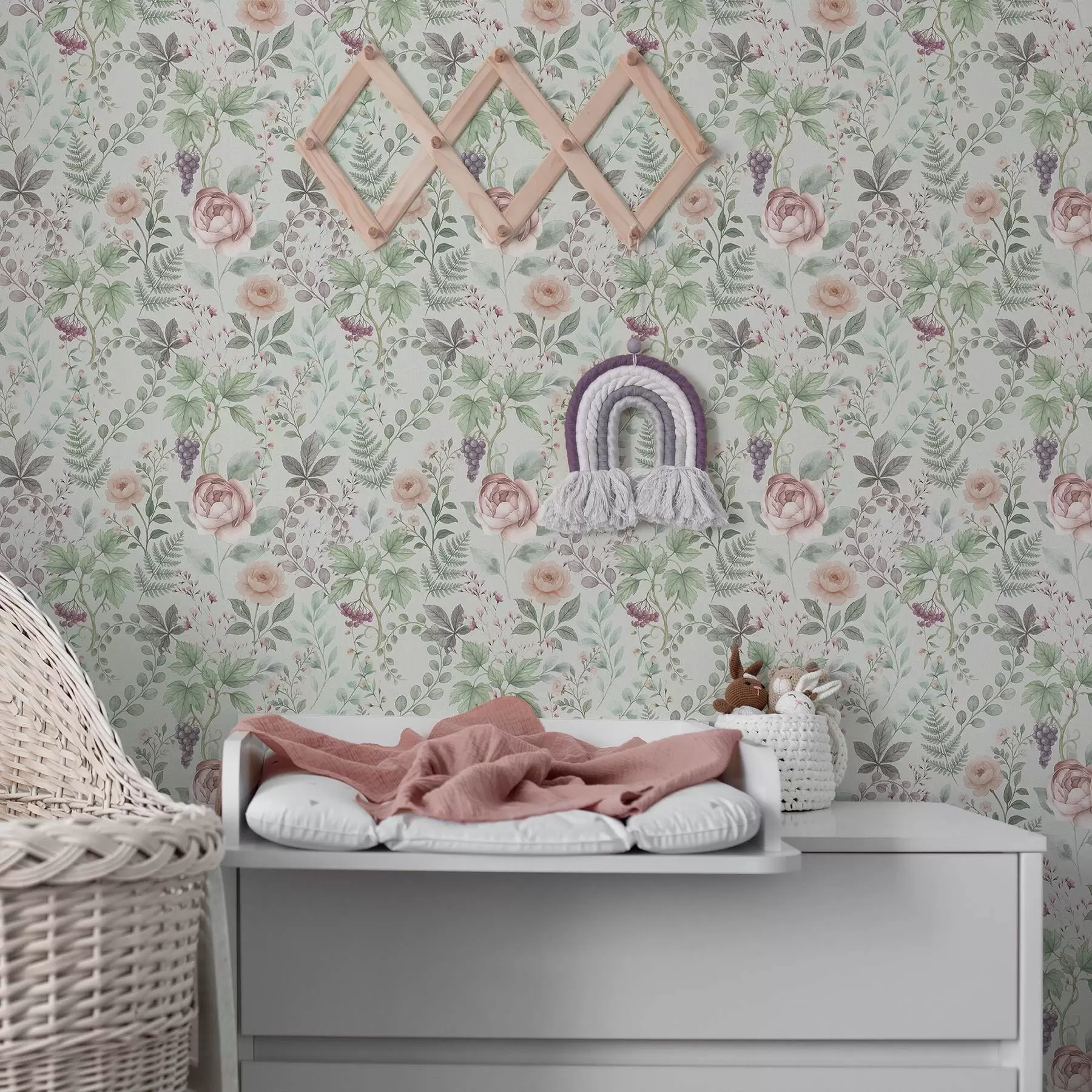 Fototapet Pastelová zahrada s růžemi, kapradinami a hrozny a00867