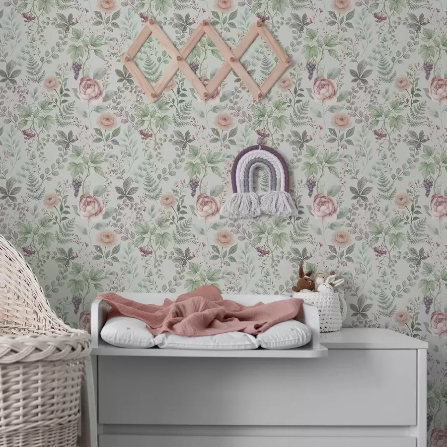 Fototapet Pastelová zahrada s růžemi, kapradinami a hrozny a00867