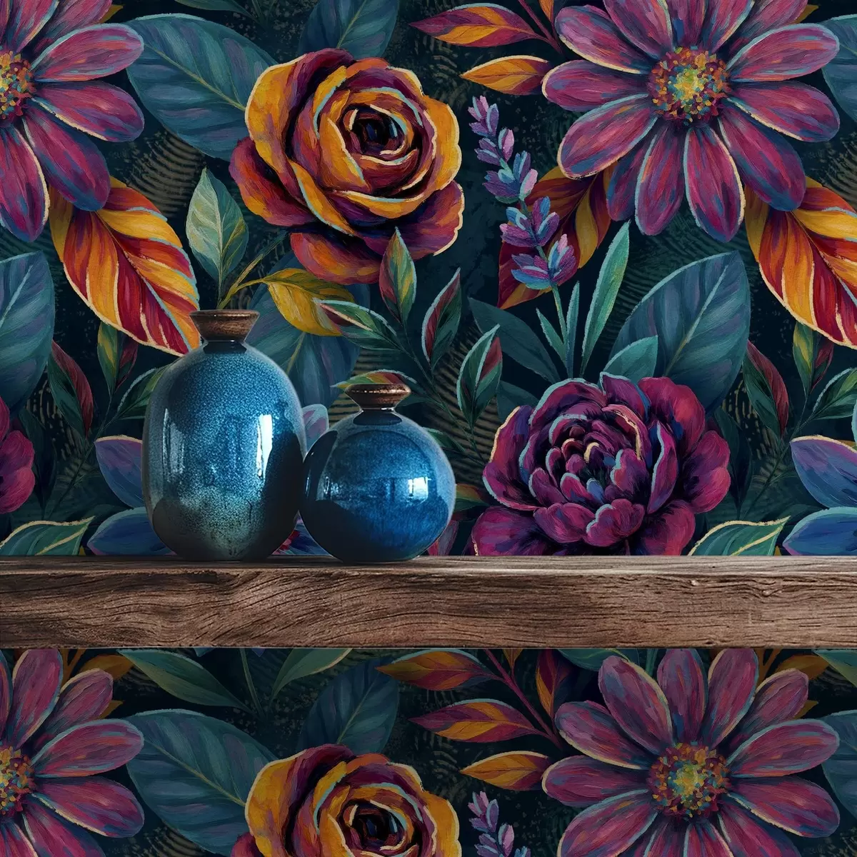 Tapety Živé květinové vzory v barvách drahokamů na tmavě modrém pozadí a00871