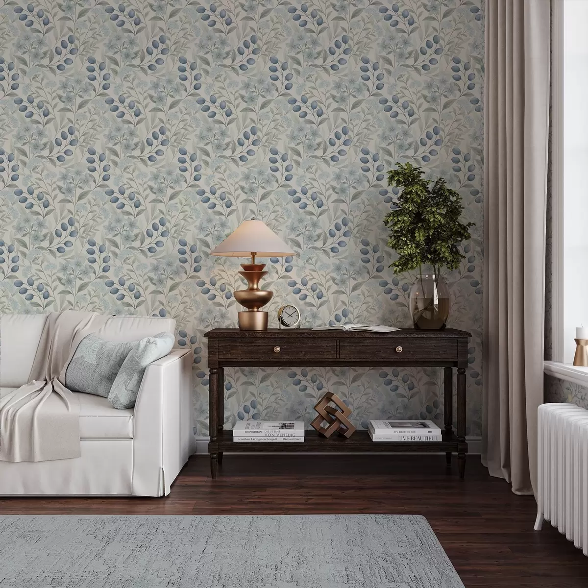 Tapety Modré bobule a světlé květy na slonovině a00872