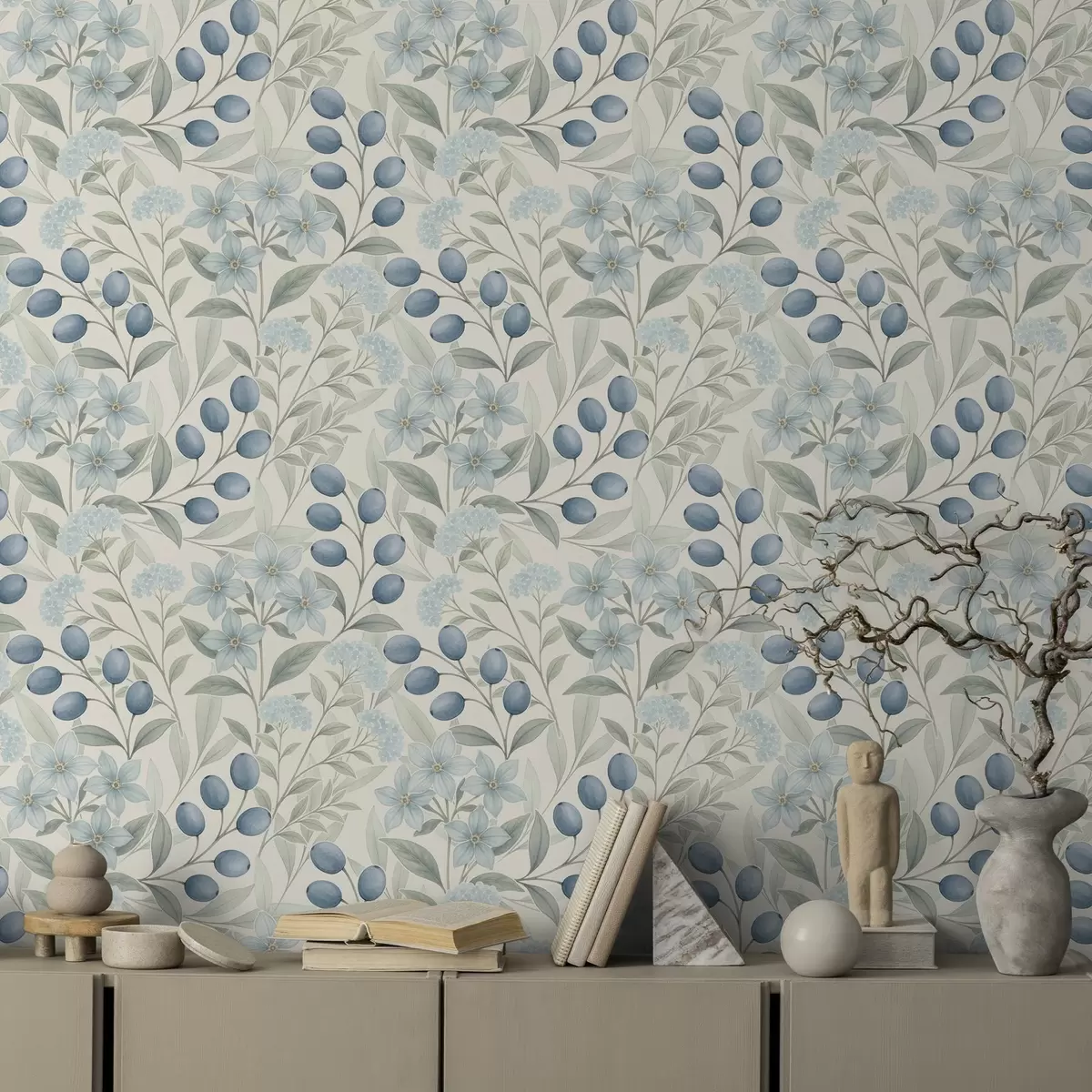 Tapety Modré bobule a světlé květy na slonovině a00872