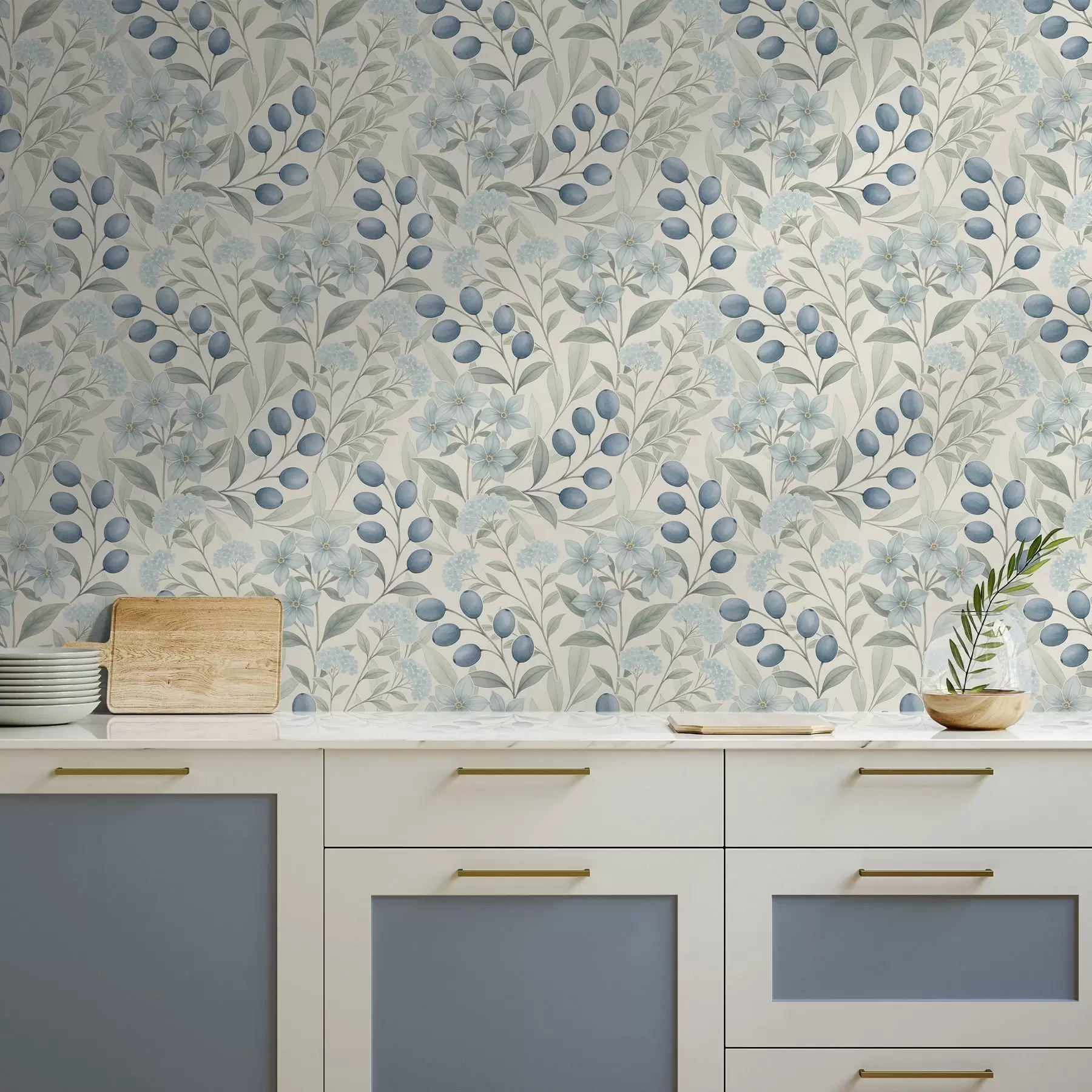 Fototapet Modré bobule a světlé květy na slonovině a00872