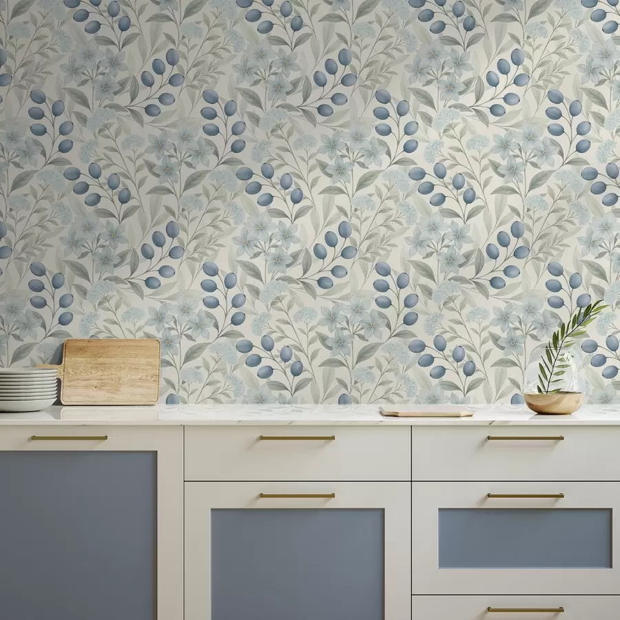 Fototapet Modré bobule a světlé květy na slonovině a00872