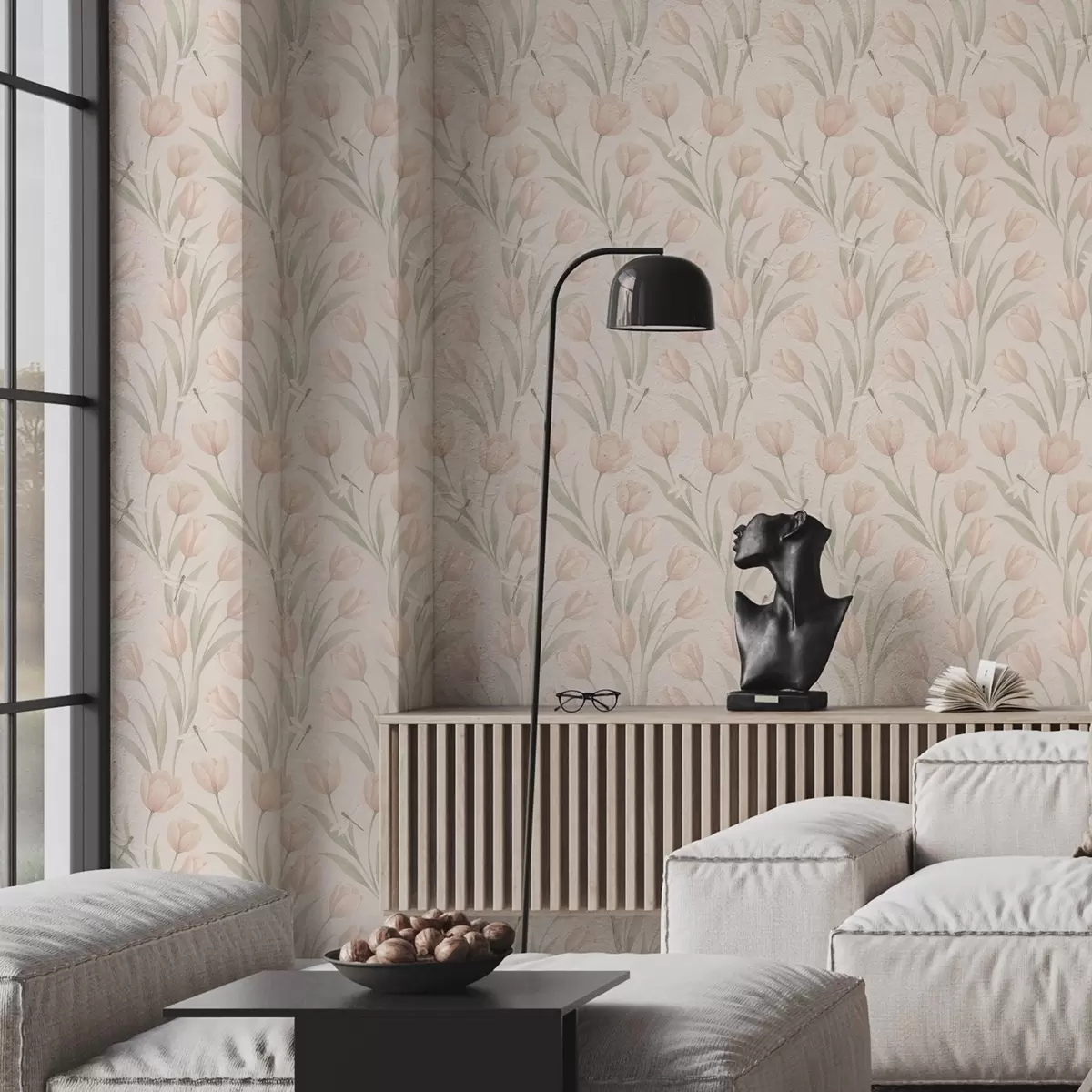 Tapety Pastelové tulipány s vážkami na růžovém pozadí a00876