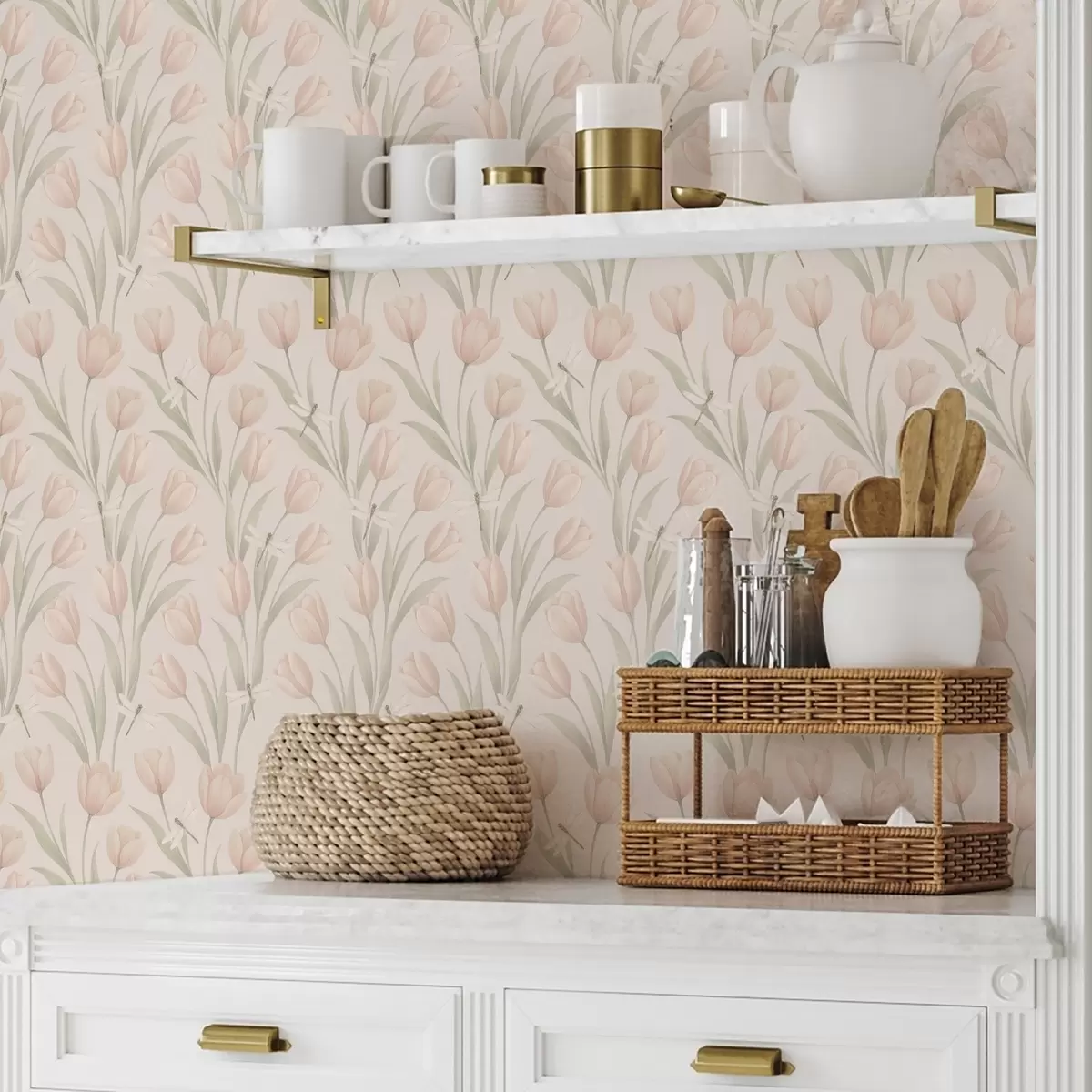 Tapety Pastelové tulipány s vážkami na růžovém pozadí a00876