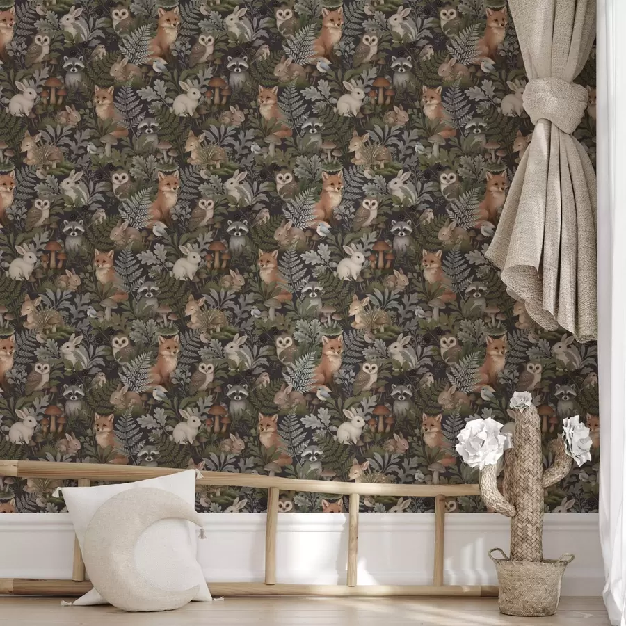 Fototapet Lesní zvířata a kapradiny na tmavém uhlí a00880