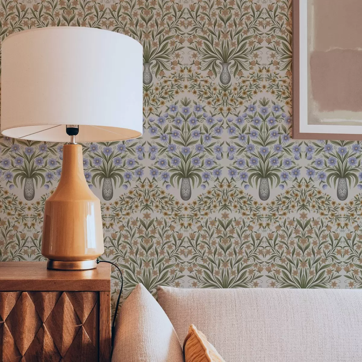 Tapety Lidové vázy s modrými květy a olivovými listy na růžovém pozadí a00900