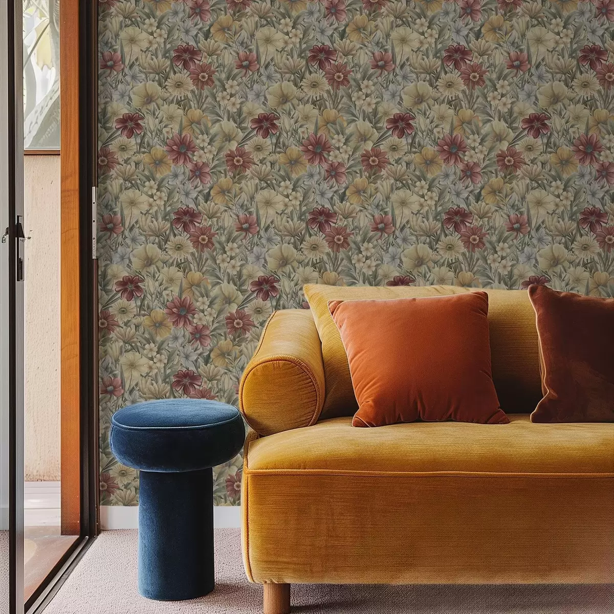 Tapety Vintage louka kvete v teplých odstínech žluté, červené a šalvějové barvy. a00906