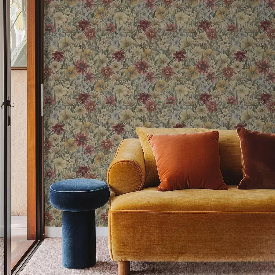 Fototapet Vintage louka kvete v teplých odstínech žluté, červené a šalvějové barvy. a00906