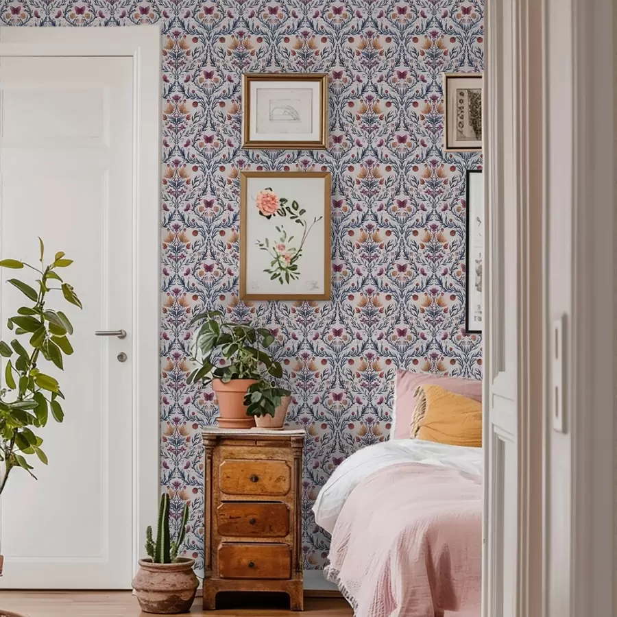 Fototapet Květinový damašek s motýly v tmavě modré a terakotové barvě na bílém podkladu a00926v1