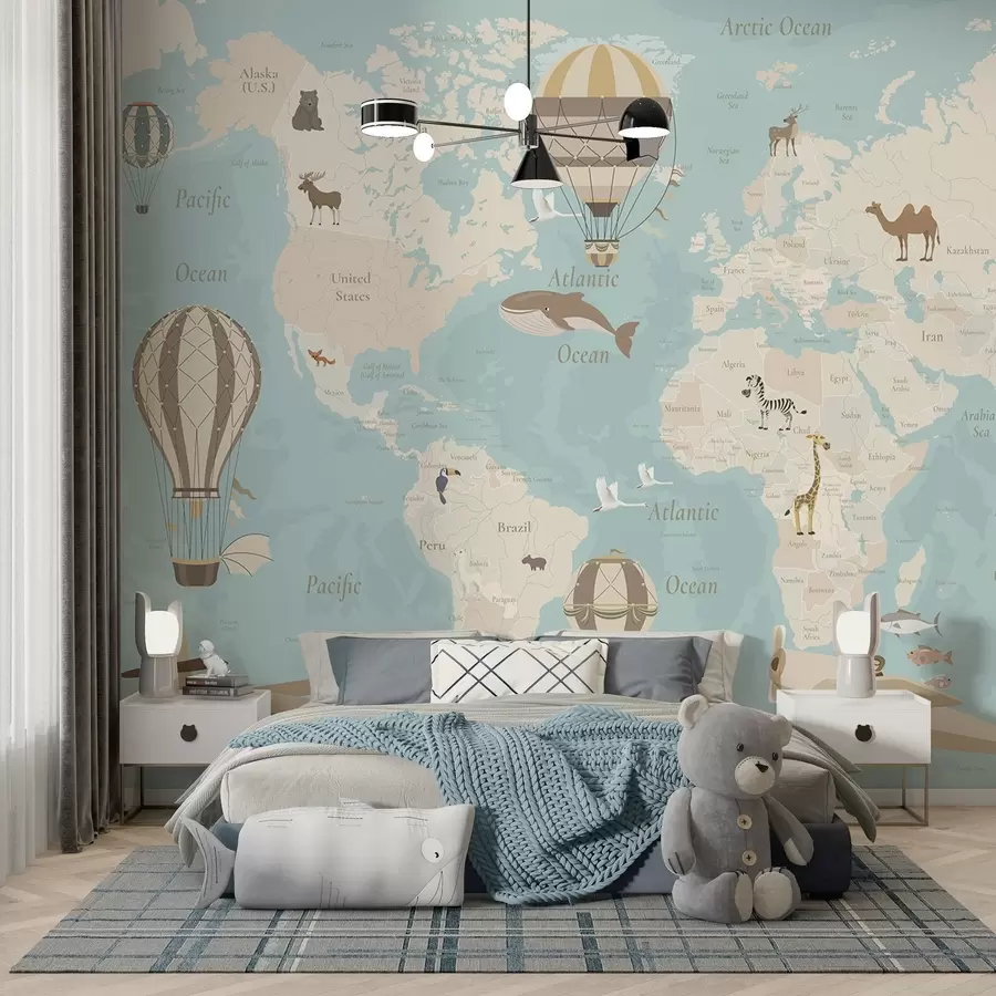 Fototapet Dětská mapa světa se zvířaty, letadly a horkovzdušnými balóny. Anglický jazyk. Modrá barva. c00003env1