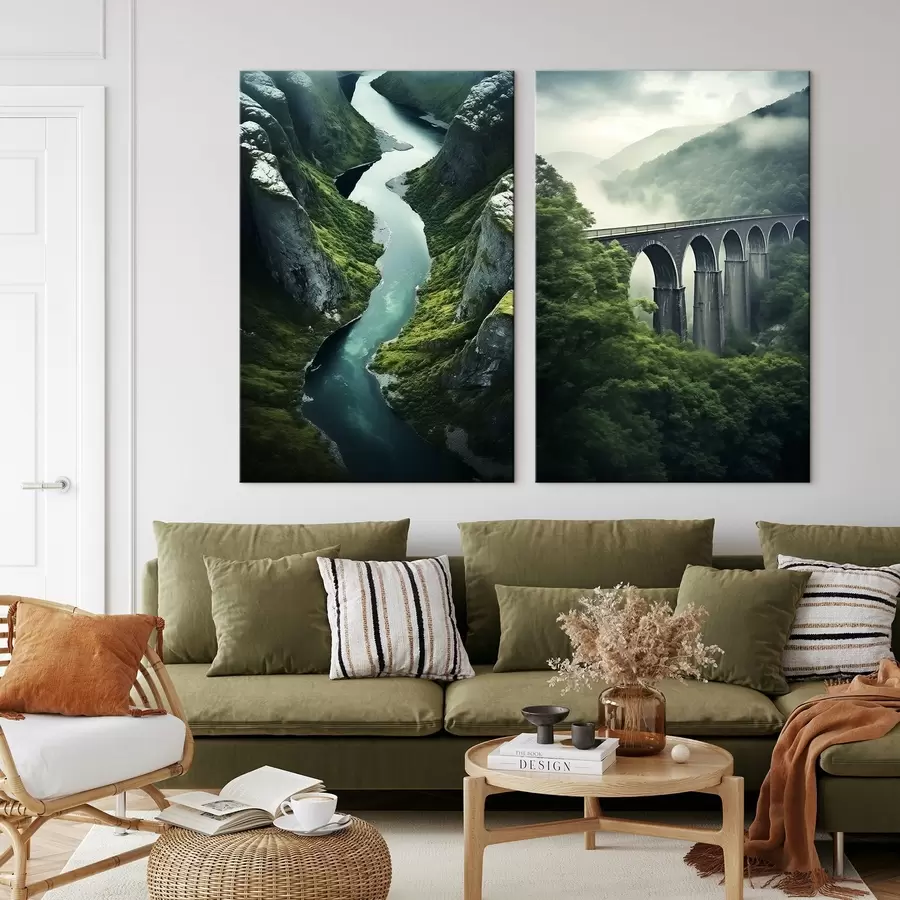 Obraz Letecký pohled na říční kaňon a mlhavý viadukt v zelených kopcích Č. m00967