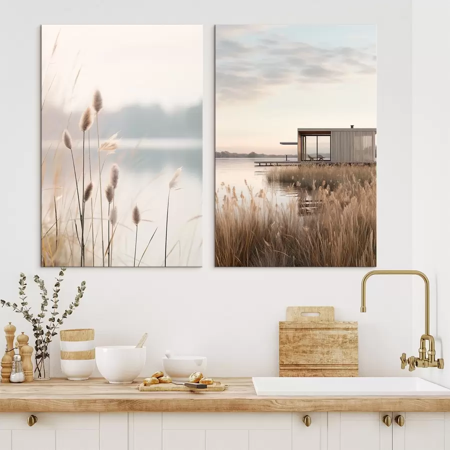 Obraz Měkké rákosí u klidného jezera a moderní chata na břehu Č. m00970